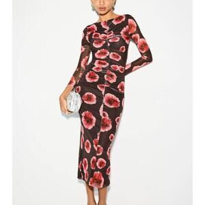 Suboo Black Floral Mesh Midi Dress LARGE Ruched Bodycon Cocktail Party Work $280